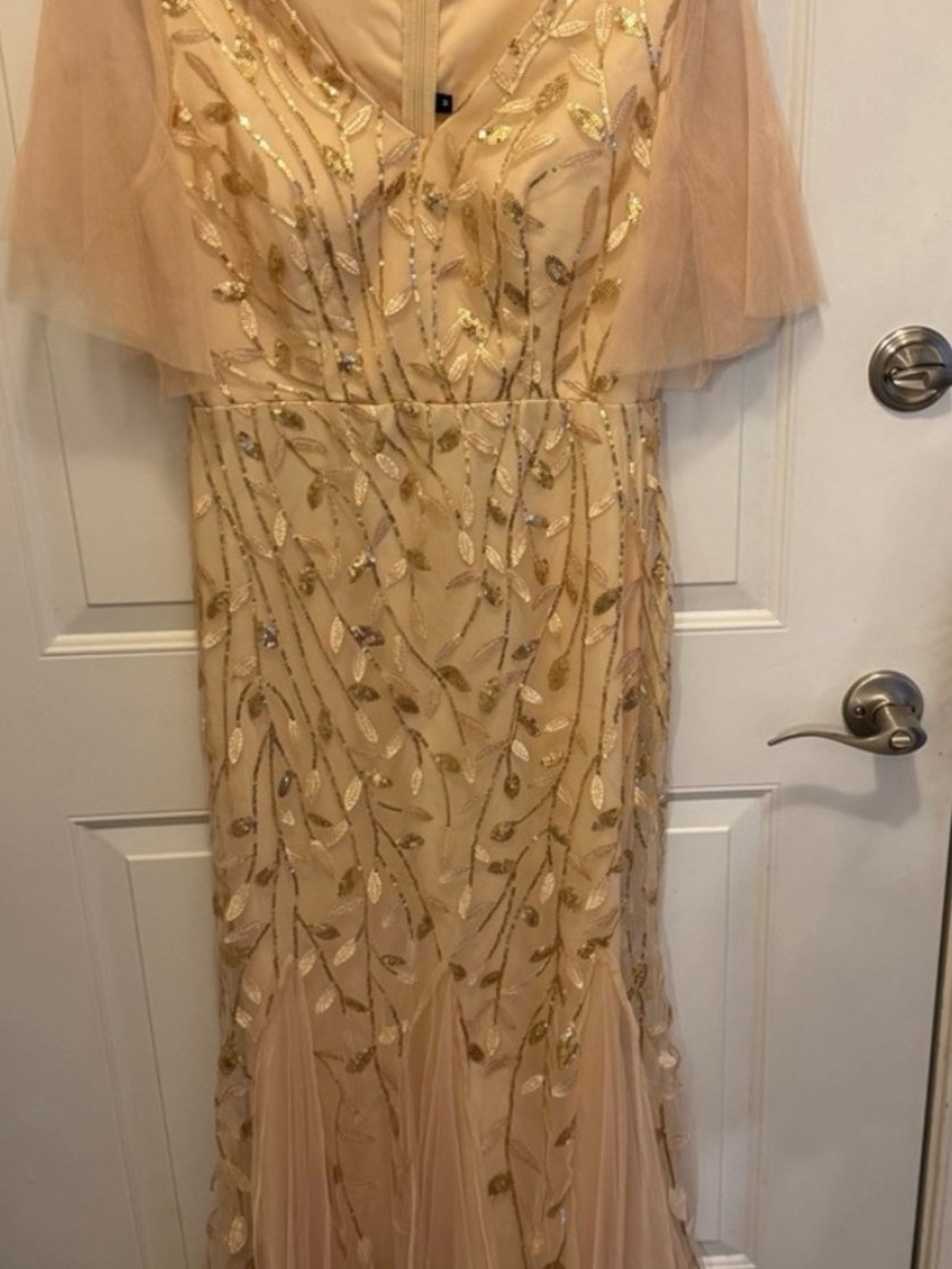 New Wear Your Live Embellished Champagne Evening Dress with Sheer Cape Sleeves